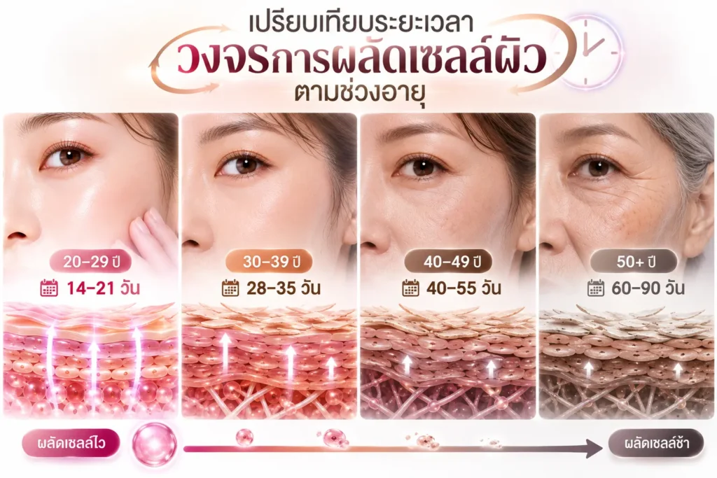 เปรียบเทียบระยะเวลาวงจรการผลัดเซลล์ผิวตามช่วงอายุ