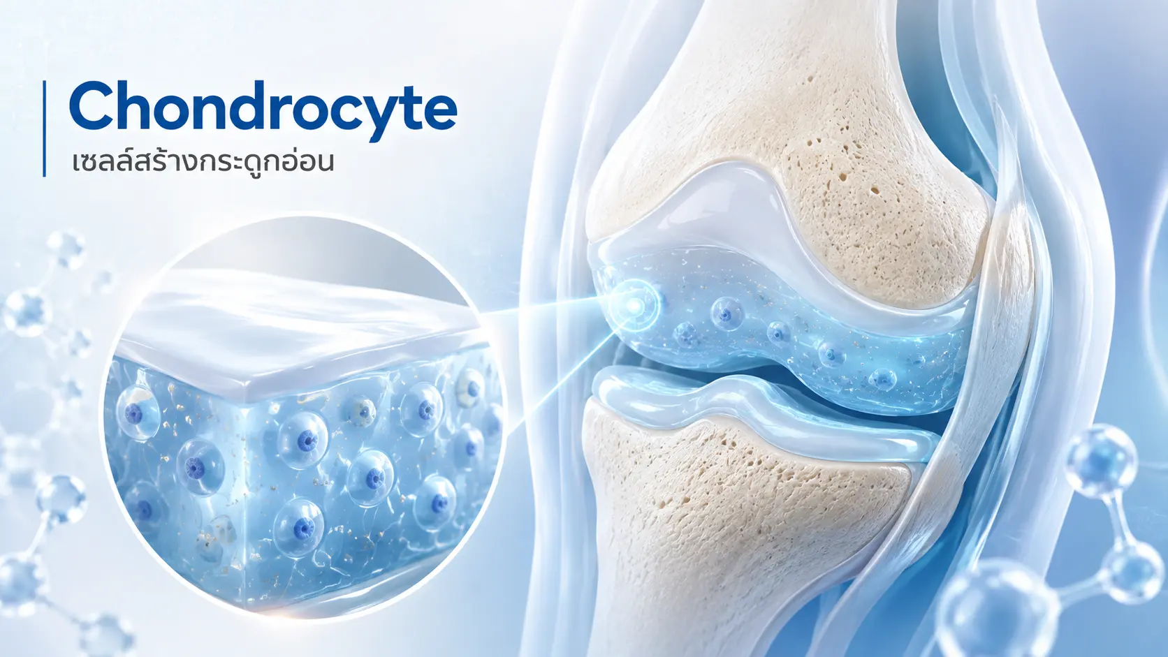 เซลล์คอนโดรไซต์ Chondrocyte ที่ทำหน้าที่สร้างคอลลาเจนข้อเข่า